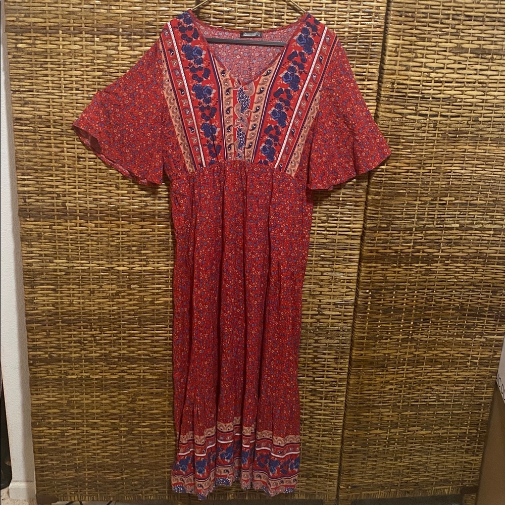 EUC Pretty garden boho cottagecore Red blue floral maxi dress  xl